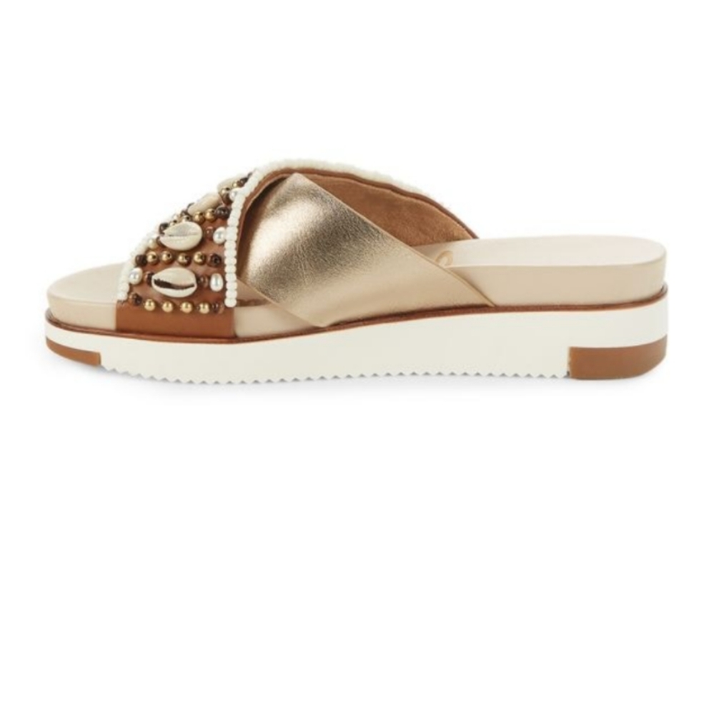 SAM Edelman Austen Platform Slip on Sandals Gold Leather Cowrie Shell Beads - Picture 5 of 12